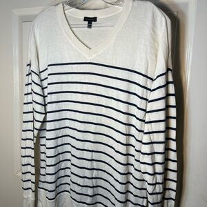 Talbots White and Black Striped V-Neck Sweater